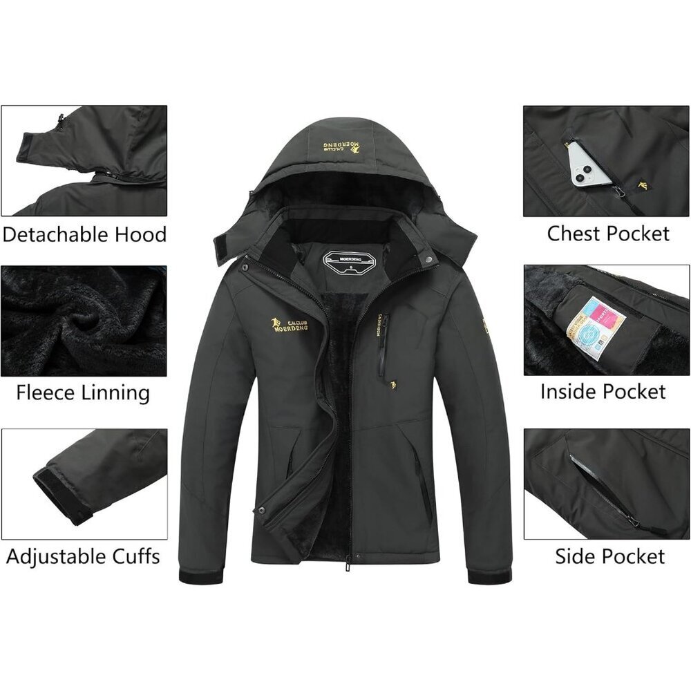 Women's Dark-grey Waterproof Ski Jacket Warm Winter Hooded Raincoat Jacket - Picture 4 of 5